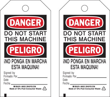 Picture of Brady Black / Red on White Metal Grommet, Self-Laminating, Write-On Polyester 86525 Equipment Safety Tag (Main product image)