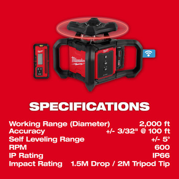 Milwaukee M18 Red/Black Polycarbonate, Nylon, Glass-Filled Nylon Exterior Rotary Laser - 3701-21