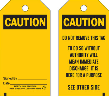 Picture of Brady Black on Yellow Metal Grommet, Self-Laminating, Write-On Polyester 65348 Equipment Safety Tag (Main product image)