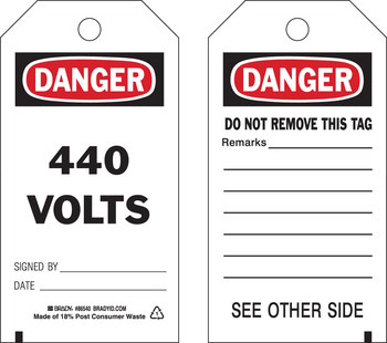 Picture of Brady Black / Red on White Metal Grommet, Self-Laminating, Write-On Polyester 86540 Equipment Safety Tag (Main product image)