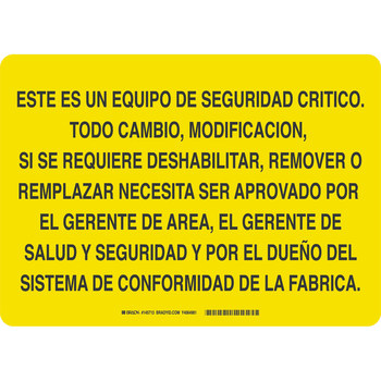 Picture of Brady B-120 Fiberglass Rectangle Orange Spanish Equipment Safety Sign part number 145713 (Main product image)
