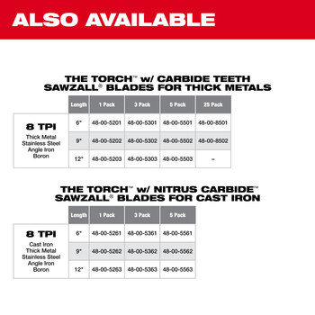 Milwaukee TORCH Reciprocating Saw Blade 48-00-5562 - 7 TPI - 1 in Width x 0.05 in Thick - Carbide Tipped