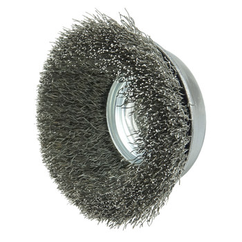 Weiler Stainless Steel Cup Brush - Threaded Nut Attachment - 3-1/2 in Diameter - 3/8 in-24 UNF Center Hole - 0.014 in Bristle Diameter - 13185