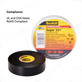 3M Scotch Super 33+ Black Insulating Tape - 3/4 in x 52 ft - 0.75 in Wide - 7 mil Thick - 06133