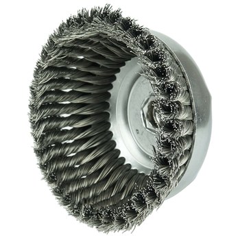 Weiler Steel Cup Brush - Threaded Arbor Attachment - 6 in Diameter - 5/8 in-11 UNC Center Hole - 0.023 in Bristle Diameter - Single Row, 1 3/8 in - 12376