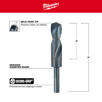 Milwaukee 31/32 in S&D Drill Bit 48-89-2753 - Right Hand Cut - Split 135° Point - 6 in Overall Length - 4 in Twist Flute - Black Oxide