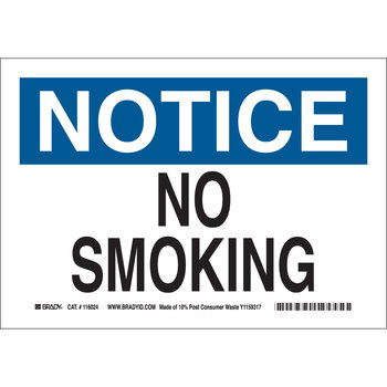 Picture of Brady B-563 High Density Polypropylene Rectangle White English No Smoking Sign part number 116188 (Main product image)