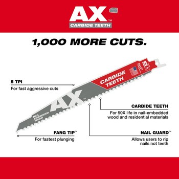 Milwaukee SAWZALL Ax Reciprocating Saw Blade 48-00-5527 - 7 TPI - 0.75 in Width x 0.05 in Thick - Carbide