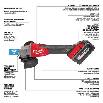 Milwaukee M18 FUEL M18 REDLITHIUM Battery Braking Grinder - 5 in Diameter - 2883-22