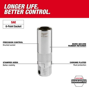 Milwaukee 48-22-9553 Spark Plug Socket - Chrome Vanadium Steel - 3/8 in Drive - Deep Length - 2.68 in Length - 61117