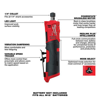 Milwaukee M12 FUEL M12 REDLITHIUM Battery Straight Die Grinder, 2486-20