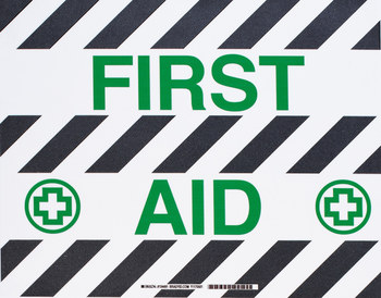 Picture of Brady Toughstripe B-534 Polyester Rectangle White English First Aid Sign part number 104491 (Main product image)