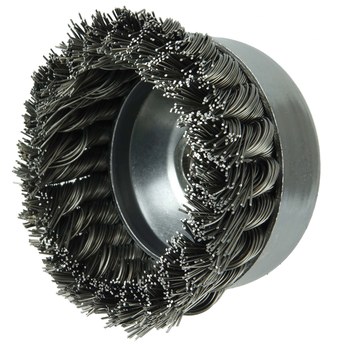 Weiler Steel Cup Brush - Threaded Arbor Attachment - 4 in Diameter - 5/8 in-11 UNC Center Hole - 0.023 in Bristle Diameter - With Internal Nut - 12826