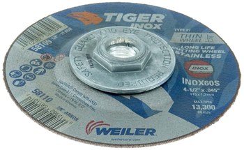 Weiler Tiger Inox Cutting Wheel 58109 - Type 27 - Depressed Center Wheel - 4-1/2 in - 60 - S