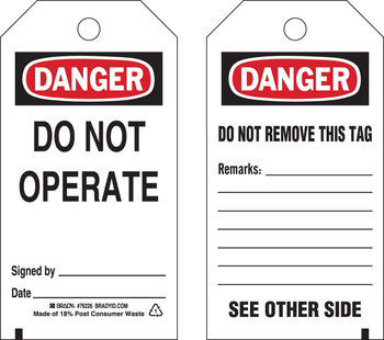 Picture of Brady Black / Red on White Metal Grommet, Self-Laminating Polyester 76226 Equipment Safety Tag (Main product image)