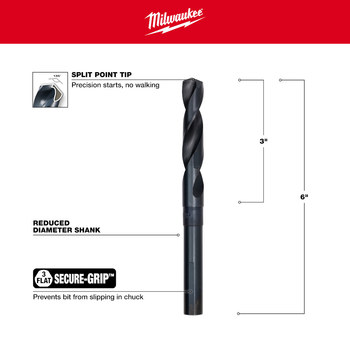 Milwaukee 9/16 in S&D Drill Bit 48-89-2740 - Right Hand Cut - Split 135° Point - 6 in Overall Length - 4 in Twist Flute - Black Oxide