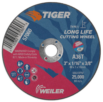 Weiler Tiger Cutting Wheel 57060 - 3 in - Aluminum Oxide - 36 - T