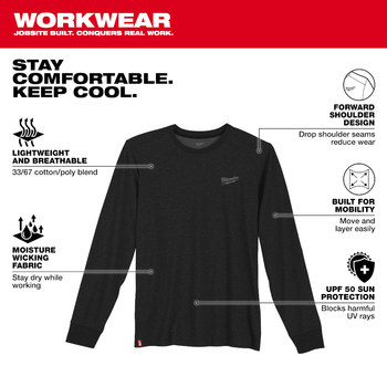 Milwaukee Long Sleeve Work Tee Hybrid 604B-L - Size Large - Black - 75266