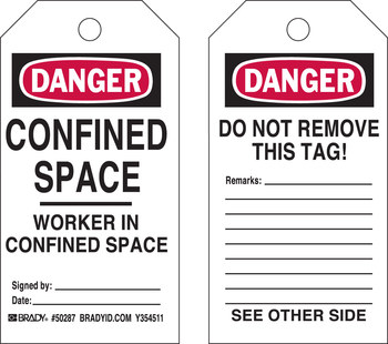 Picture of Brady Black / Red on White Laminated Polyester / Paper Worker in Confined Space 50287 Confined Space Tag (Main product image)