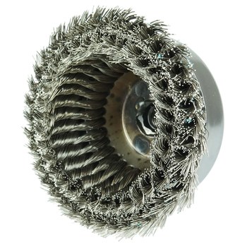 Weiler Stainless Steel Cup Brush - Threaded Arbor Attachment - 6 in Diameter - 5/8 in-11 UNC Center Hole - 0.023 in Bristle Diameter - Brush Type: Double Row - 12636