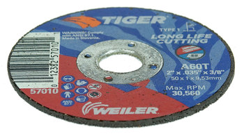 Weiler Tiger Cut-Off Wheel 57010 - Type 1 (Straight) - 2 in - Aluminum Oxide - 60 - T