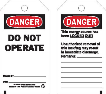 Picture of Brady Black / Red on White Metal Grommet, Self-Laminating Polyester 76224 Equipment Safety Tag (Main product image)