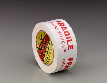 3M Scotch 3772 Red / White Printed Box Sealing Tape - Pattern/Text = FRAGILE, HANDLE WITH CARE - 48 mm Width x 100 m Length - 2.2 mil Thick - 72304