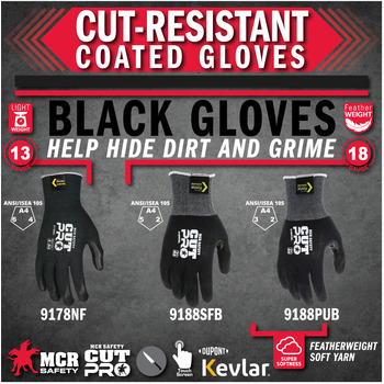 MCR Safety CutPro Black Medium Cut-Resistant Gloves - A4 Cut Resistance - Aramid - Kevlar/Steel Palm & Fingertips Coating - Not Insulated Insulation - Rough Finish - 9188SFBM