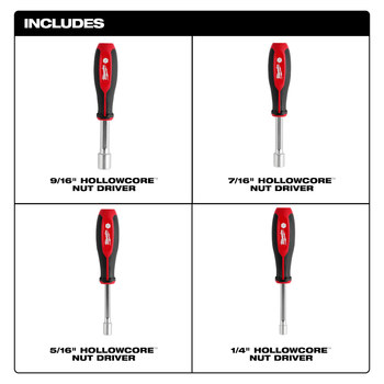 Milwaukee HollowCore 1/4 in, 5/16 in, 7/16 in, 9/16 in 48-22-2444 Nut Driver Set - Forged Steel - 10.98 in - 67108