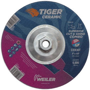 Weiler Tiger Ceramic Cut & Grind Wheel 58324 - 9 in - Ceramic - 30 - T