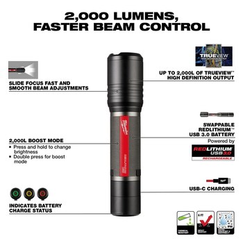 Milwaukee REDLITHIUM 2162-21 Slide Focus Flashlight - LED - Black, Red - 65439
