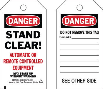 Picture of Brady Black / Red on White Metal Grommet, Self-Laminating, Write-On Polyester 86529 Equipment Safety Tag (Main product image)
