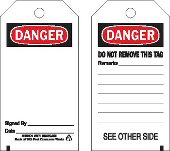 Picture of Brady Black / Red on White Metal Grommet, Self-Laminating, Write-On Polyester 65347 Equipment Safety Tag (Main product image)