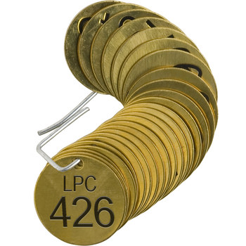 Picture of Brady Black on Brass Circle Brass Numbered Valve Tag with Header 87407 Numbered Valve Tag with Header (Main product image)