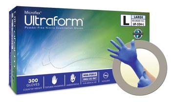 Microflex Ultraform UF-524 Blue Large Powder Free Disposable Gloves - Medical Exam Grade - 9 in Length - Rough Finish - 2 mil Thick - UF-524-L