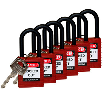 Picture of Brady Red Fiberglass Reinforced Nylon 6-pin Keyed & Safety Padlock (Main product image)