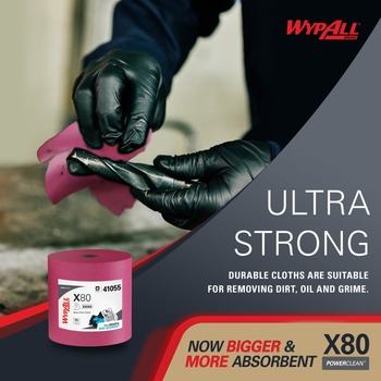 Kimberly-Clark Wypall PowerClean X80 Red Hydroknit Wiper - Jumbo Roll - 455 sheets per roll - 13.4 in Overall Length - 12.5 in Width - 41055