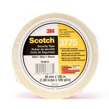 3M Scotch 3775 White Printed Box Sealing Tape - Pattern/Text = MIXED MERCHANDISE ENCLOSED - 48 mm Width x 100 m Length - 1.9 mil Thick - 68773