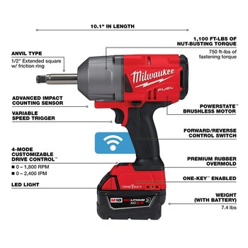 Milwaukee M18 FUEL ONE-KEY Impact Wrench Kit 2769-22R - M18 REDLITHIUM Battery - 1100 ft/lb Max