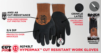 MCR Safety CutPro HyperMax Black/Orange XS Cut-Resistant Gloves - A8 Cut Resistance - Latex Foam Palm & Fingertips Coating - Not Insulated Insulation - Rough Finish - 92743LTXS
