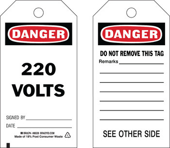 Picture of Brady Black / Red on White Metal Grommet, Self-Laminating, Write-On Polyester 86539 Equipment Safety Tag (Main product image)