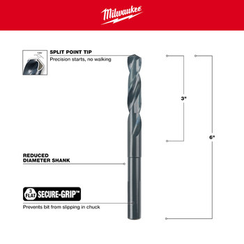 Milwaukee 17/32 in S&D Drill Bit 48-89-2739 - Right Hand Cut - Split 135° Point - 6 in Overall Length - 4 in Twist Flute - Black Oxide
