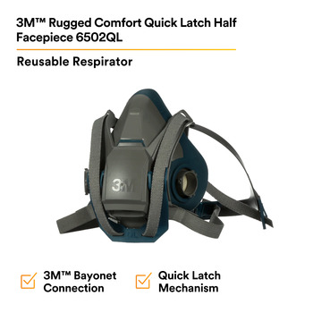 3M 6500 Series Rugged Comfort Quick Latch 6502QL Gray/Teal Medium Nylon/Silicone Half Mask Facepiece Respirator - 051131-49490