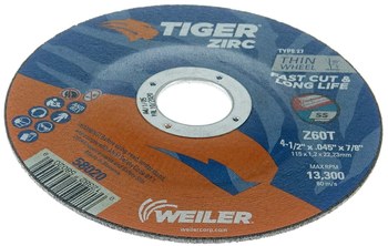 Weiler Tiger Zirc Cutting Wheel 58020 - 4-1/2 in - Zirconia Alumina - 60 - T