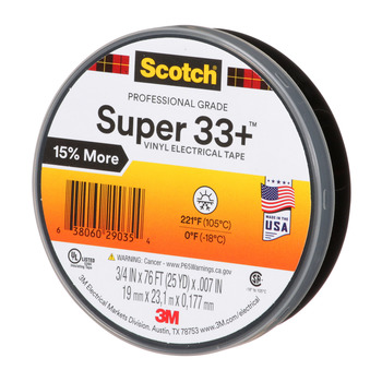 3M Scotch Super 33+ 33-3/4X76FT-1 Black Electrical Tape - 0.75 in x 76 ft, 7 mil Thick - 29035