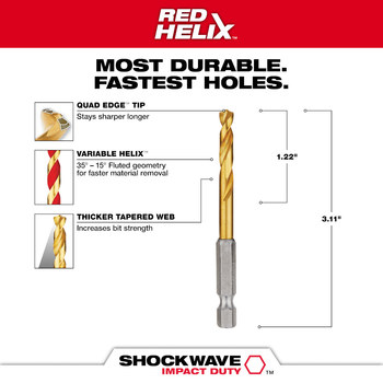 Milwaukee SHOCKWAVE 13/64 in Drill Bit 48-89-4610 - 3.5 in Overall Length - 1.79 in Flute - Titanium Coated - Hex Shank