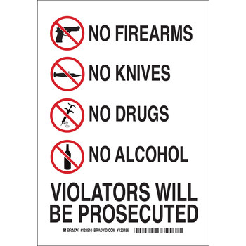 Picture of Brady B-401 High Impact Polystyrene Rectangle White English Weapon Control Sign part number 123509 (Main product image)