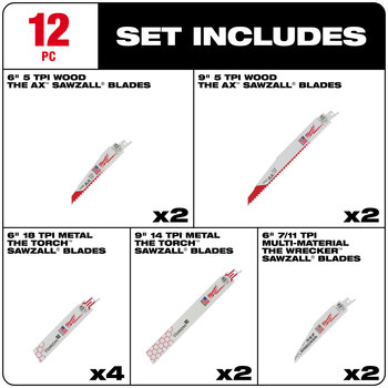 Milwaukee SAWZALL Reciprocating Saw Blade Set 49-22-1129 - Bi-Metal