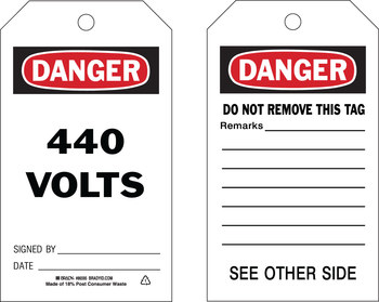 Picture of Brady Black / Red on White Metal Grommet, Self-Laminating, Write-On Polyester 86595 Equipment Safety Tag (Main product image)