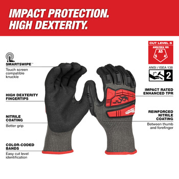 Milwaukee Black/Gray/Red Large HPPE Impact Protection Gloves - ANSI A5 Cut Resistance - 48-73-8152